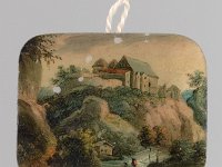 GG Min 48  GG Min 48, Deutsch spätes 18. Jh., Felsige Landschaft mit Klosteranlage über einem Fluss, Perlmutt, 3 x 3,7 cm : Museumsfoto: Claus Cordes